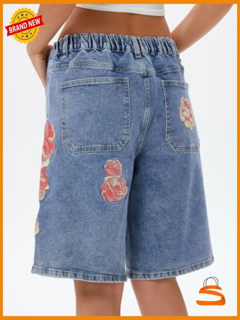 Bermuda Jean Shorts Mid Rise Baggy Stretchy Embroidered Jorts with Pockets
